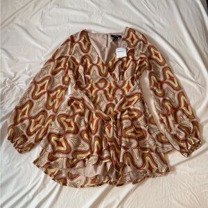 Forever 21 Women’s Retro Print Long Sleeve Blouse Medium Brown Multi Tie Waist